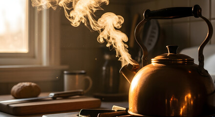 Steaming Kettle in Kitchen: capturing the essence of a tranquil morning ritual. A gleaming kettle emits billowing wisps of steam. The scene is bathed in a warm light from a nearby window.