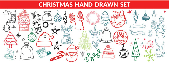 Christmas drawn holly line decor, pine branch, snowflake background. Hand drawn doodle sketch holly floral, christmas tree leaves, winter pine. Holiday ornament sketch doodle. Christmas hand drawn set