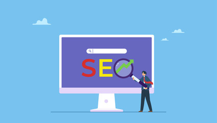 Businessman hold magnifying glass on SEO rising arrow search box. SEO Search Engine Optimization, website search result, advertising or marketing to boost web ranking or user discovery.