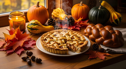 Autumnal Table Setting: A warm, inviting scene of the harvest season, with an array of seasonal elements including a freshly baked apple pie.