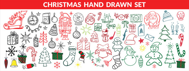 Christmas drawn holly line decor, pine branch, snowflake background. Hand drawn doodle sketch holly floral, christmas tree leaves, winter pine. Holiday ornament sketch doodle. Christmas hand drawn set