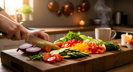 Fresh Culinary Delight: A culinary artist meticulously slices an array of vibrant vegetables, preparing a delicious and healthy meal, steaming cup and ambient lighting, promoting the joy of cooking.