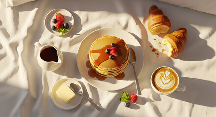 Breakfast Delight: A picturesque breakfast scene features a stack of pancakes drizzled with syrup, a side of fresh berries, butter, croissants, and a cup of coffee. The bright.