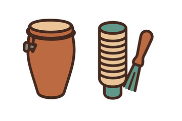 Traditional Latin percussion instruments conga drum and guiro with scraper sticker set