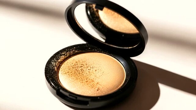 A beautifully lit compact makeup case open on a soft surface, showcasing its shimmering golden powder inside