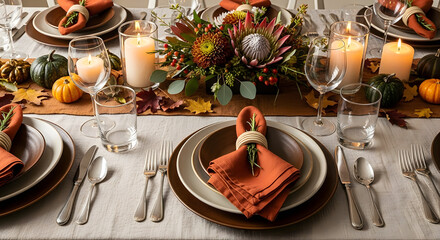 Thanksgiving Table Setting: An inviting Thanksgiving table setting, adorned with autumnal elements. A floral centerpiece, lit candles.