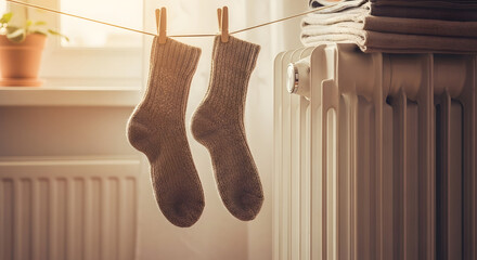 Cozy Socks in Sunlight: A pair of warm socks hanging on a clothesline in front of a window, drying in the soft morning sunlight. Symbolizing warmth and comfort within home life.