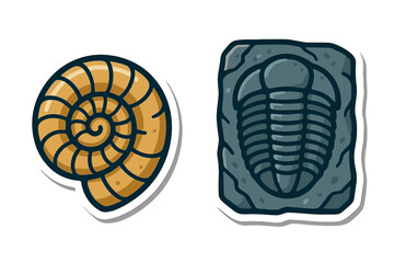 Ammonite shell and trilobite fossils of ancient marine life embedded in stone