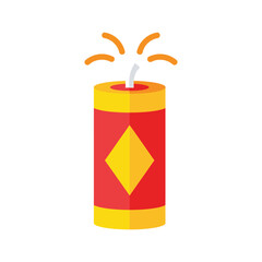 Red and yellow firecracker with sparks on white background