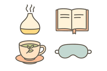 Essential items for self-care and relaxation: aromatherapy diffuser, book, tea, and sleep mask