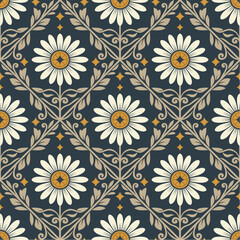 Daisy Tile seamless Pattern. symmetrical design is perfect for floor tiles, wallpaper, fabrics, and decorative accents. Usage Tiles, Wallpaper, Fabric, Packaging, Backgrounds, Stationery.
