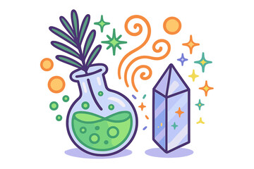 Magical potion flask with green liquid and plant sprig next to a glowing blue crystal