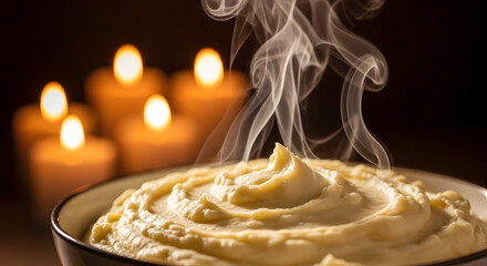 Warm Potatoes: A creamy bowl of mashed potatoes, emanating gentle steam, sits invitingly before a warm backdrop of softly glowing candles.
