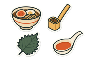 Set of Japanese food items: ramen bowl, shiso leaf, wooden ladle, and ceramic spoon with sauce