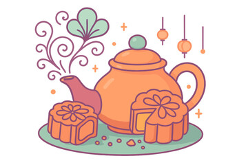 Traditional Chinese teapot and mooncakes on platter with floral elements and hanging lanterns