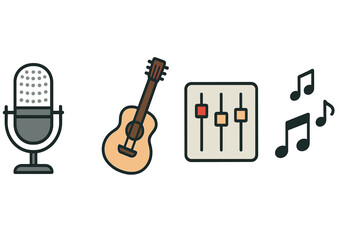 Obraz premium Set of music production icons with microphone, acoustic guitar, sound equalizer, and notes