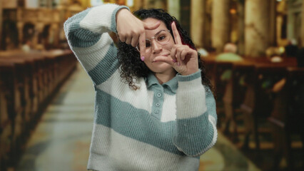 Young hispanic woman with glasses making a framing gesture with fingers inside a church setting with wooden pews and warm lighting in the background.