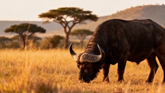 A powerful cape buffalo grazes serenely in its native habitat, captured with realistic wildlife detail, perfect for wildlife conservation day