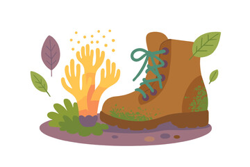 Sturdy brown hiking boot with bright green laces surrounded by stylized nature elements