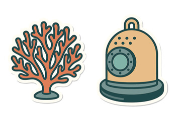 Retro deep sea diving helmet and branching red coral marine life elements
