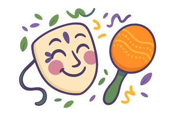Happy theatrical comedy mask and musical maraca celebrating carnival or fiesta