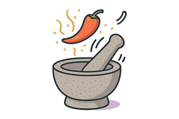 Traditional stone mortar and pestle with a floating red hot chili pepper ready for grinding spices