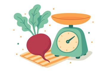 Fresh organic beetroot with green leaves next to a retro kitchen weighing scale