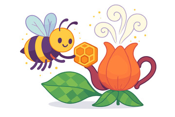 Cute cartoon bee holding honeycomb next to a flower shaped teapot with steam rising