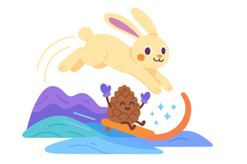Adorable cartoon bunny leaping above a cheerful pinecone character riding a sled down snowy slopes