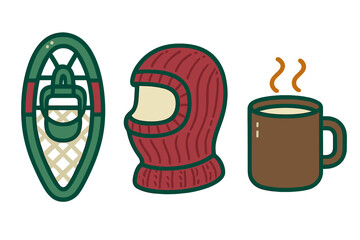 Winter outdoor essentials set featuring a snowshoe, red balaclava, and steaming mug of hot beverage