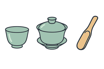 Traditional Chinese tea ceremony set featuring a gaiwan, small cup, and wooden scoop