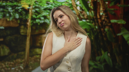 Woman with hand on chest and bare shoulder on a forest path, clutching chest and grimacing as if heartattack imminent; concern.