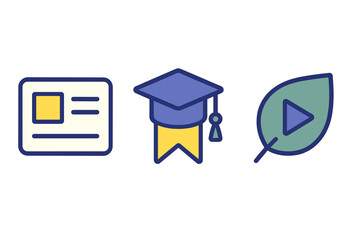 Graduation cap, ID card, and leaf play button symbols for academic achievement and digital learning