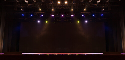 scene, stage light with colored spotlights and smoke