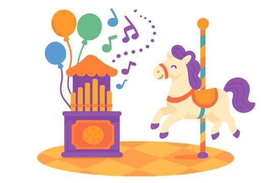 Whimsical carousel horse and calliope playing music with colorful balloons at a fun fairground