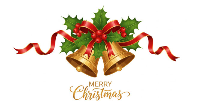 Festive Christmas Bells Gold Bells Adorned with Holly and a Red Ribbon for Holiday Greetings