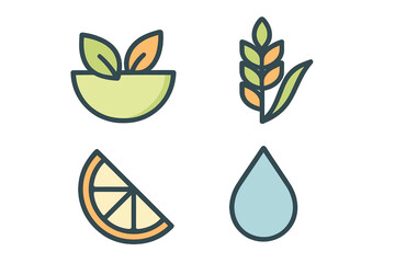 Fototapeta premium Set of healthy food and natural resource icons: grain, citrus, water, and leaves