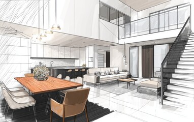 Architectural sketch of a modern open-concept living space with dining area