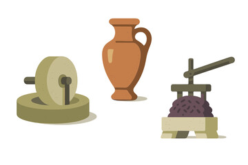 Ancient tools for olive oil and wine production featuring a millstone, a press, and a jar