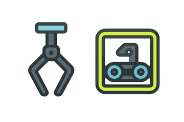 Robotic claw mechanism and stylized cassette tape icon representing technology and automation concepts