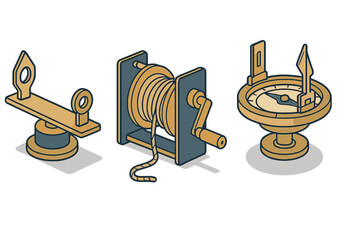 Isometric icons of nautical and surveying equipment: compass, rope winch, sighting device © Andrei