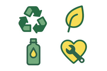 Set of environmental and service icons including recycling, leaf, liquid bottle, and repair heart symbol