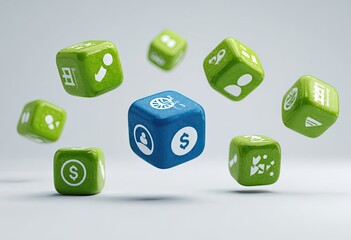 Floating green and blue cubes with app icons