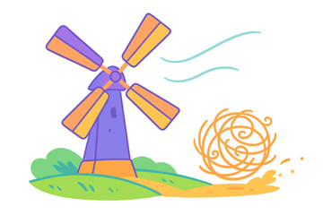 Brightly colored windmill on grassy landscape with strong wind and rolling tumbleweed