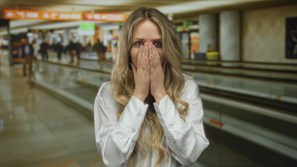 Fototapeta premium Young blonde woman in white shirt standing indoors at busy airport terminal appearing stressed with hands on face and blurred travelers in background.