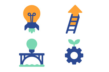 Conceptual icons for business strategy, startup launch, success progress, and sustainable innovation