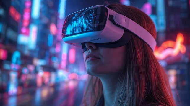 Digital concept with happy woman in VR headset