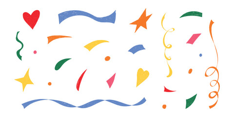 Hand drawn confetti set. Crayon sparkle icons, fireworks, twinkle spirals, doodle chalk shapes for childish birthday, carnival, kid holiday, Christmas, weeding. Grunge Isolated vector illustration.