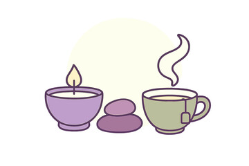 Minimalist spa setup with burning candle, stacked stones, and hot tea cup
