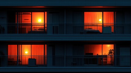 Apartment building at night, lit rooms, warm sunset glow
